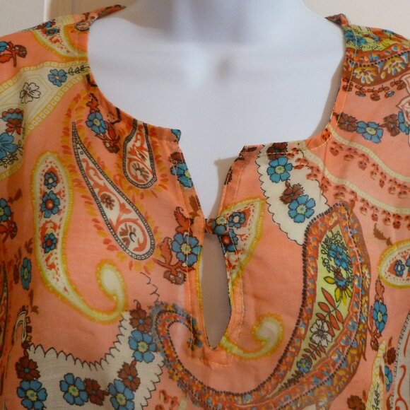 Peachy Paisley Print Sheer 3/4 Sleeve Cover Up Maxi Dress - Picture 5 of 16
